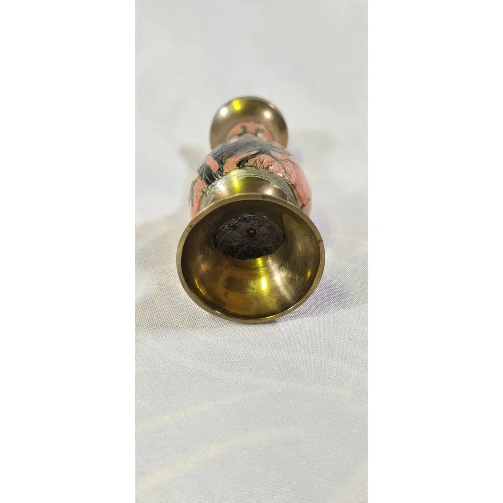 Hand-Painted Pink Floral Enamel Vintage Brass Bud Vase